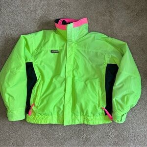VTG Columbia Neon Colorblock Green and Pink Bugaboo Ski Jacket Fleece Lined